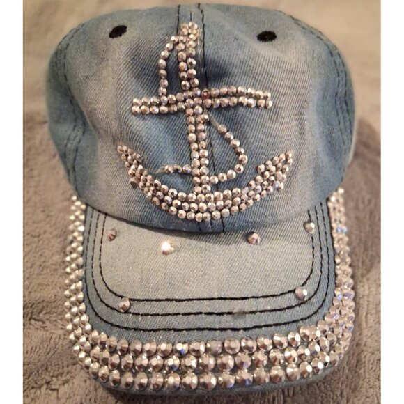 Denim Blue Jean Silver Rhinestone Anchor Women's Baseball Hat Nautical Cap Bling - Picture 2 of 7